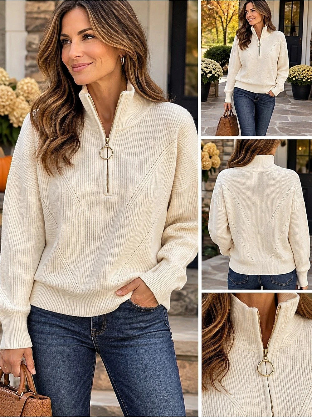 CYRUS The Ribbed Quarter-Zip Sweater Ribbed Half-Zip Sweater Cream Large